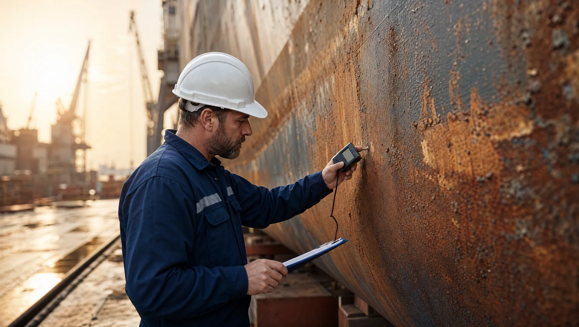 Coating engineer inspecting a corroded ship hull in dry dock