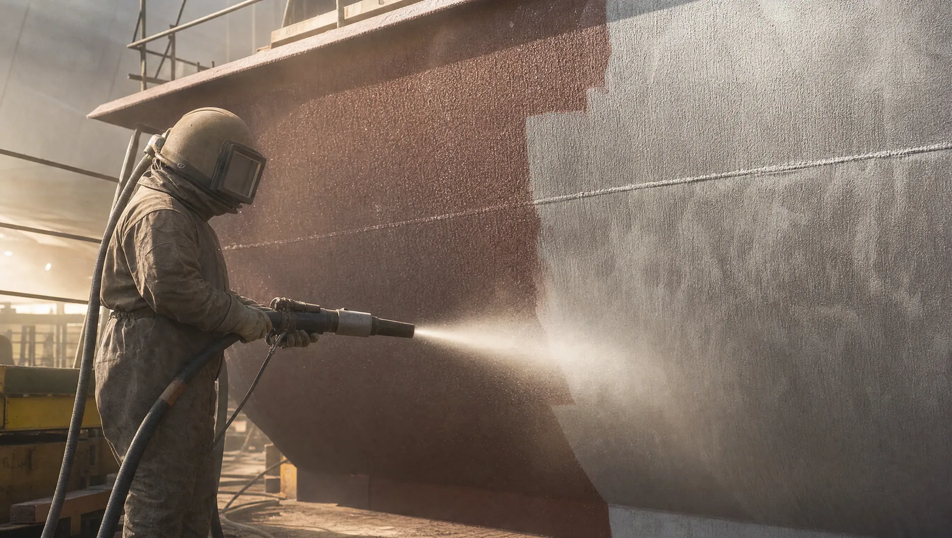 Grit-blasting a ship hull section to bare steel