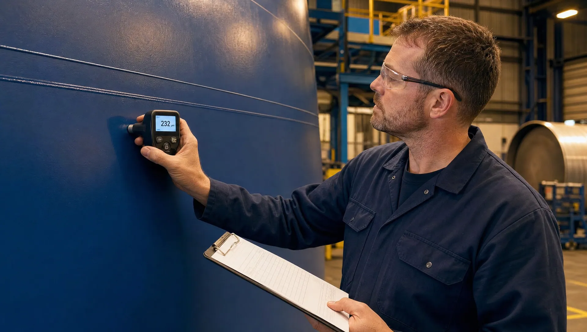 Inspector measuring coating thickness on a blue coated tank