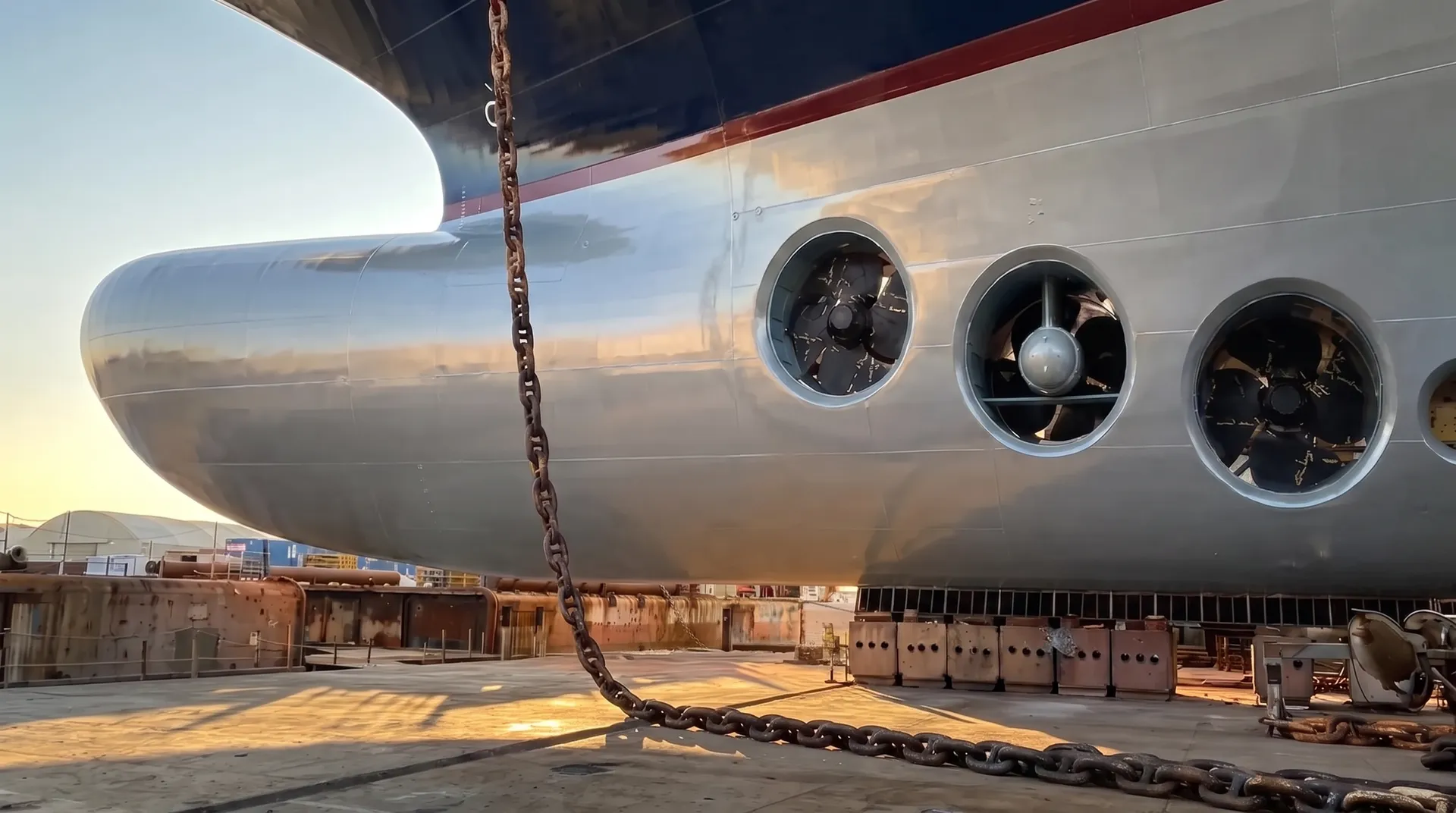 Freshly coated ship hull in dry dock, finished and ready for launch